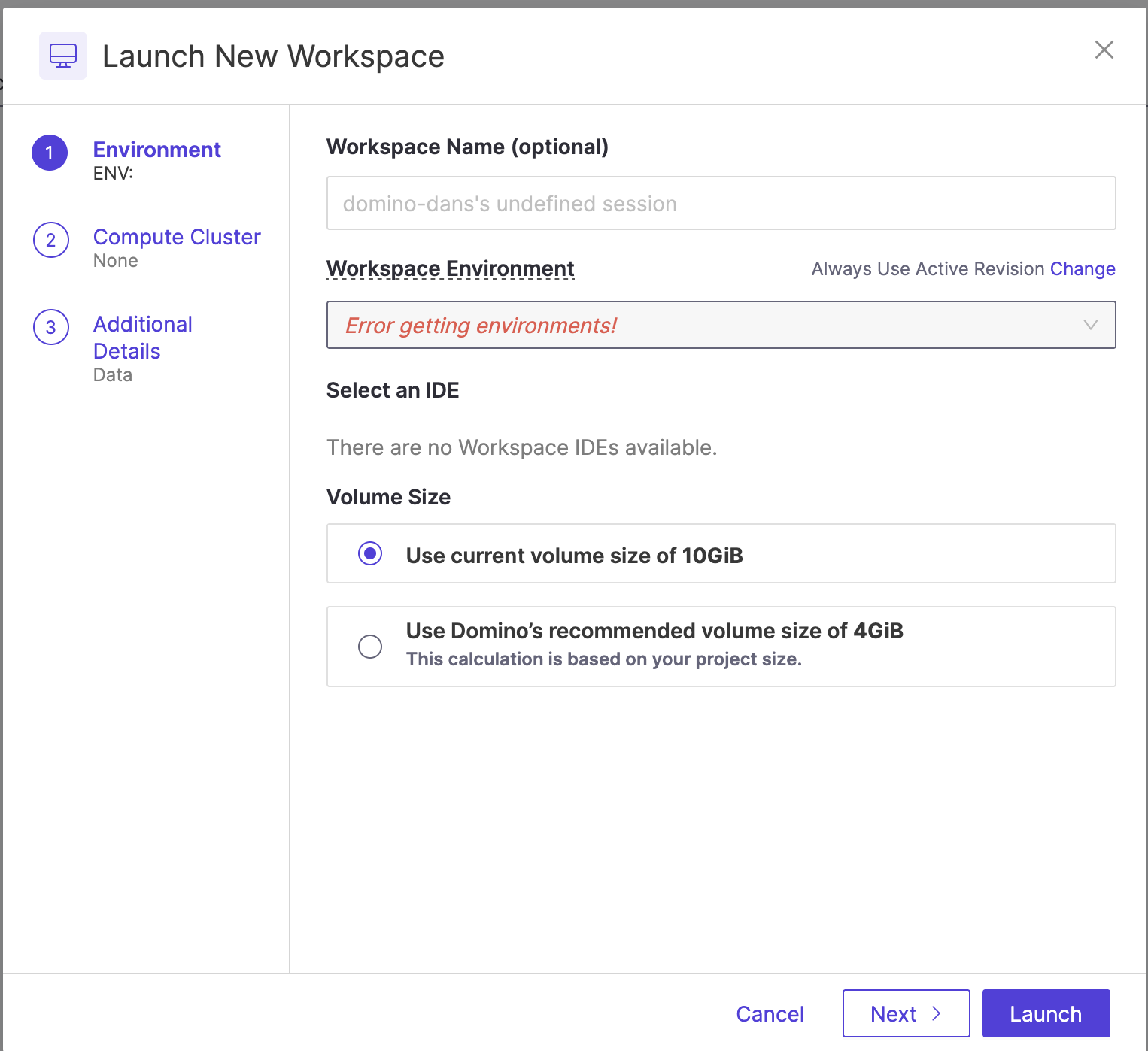 New workspace won't launch with 'Error Getting Environments'