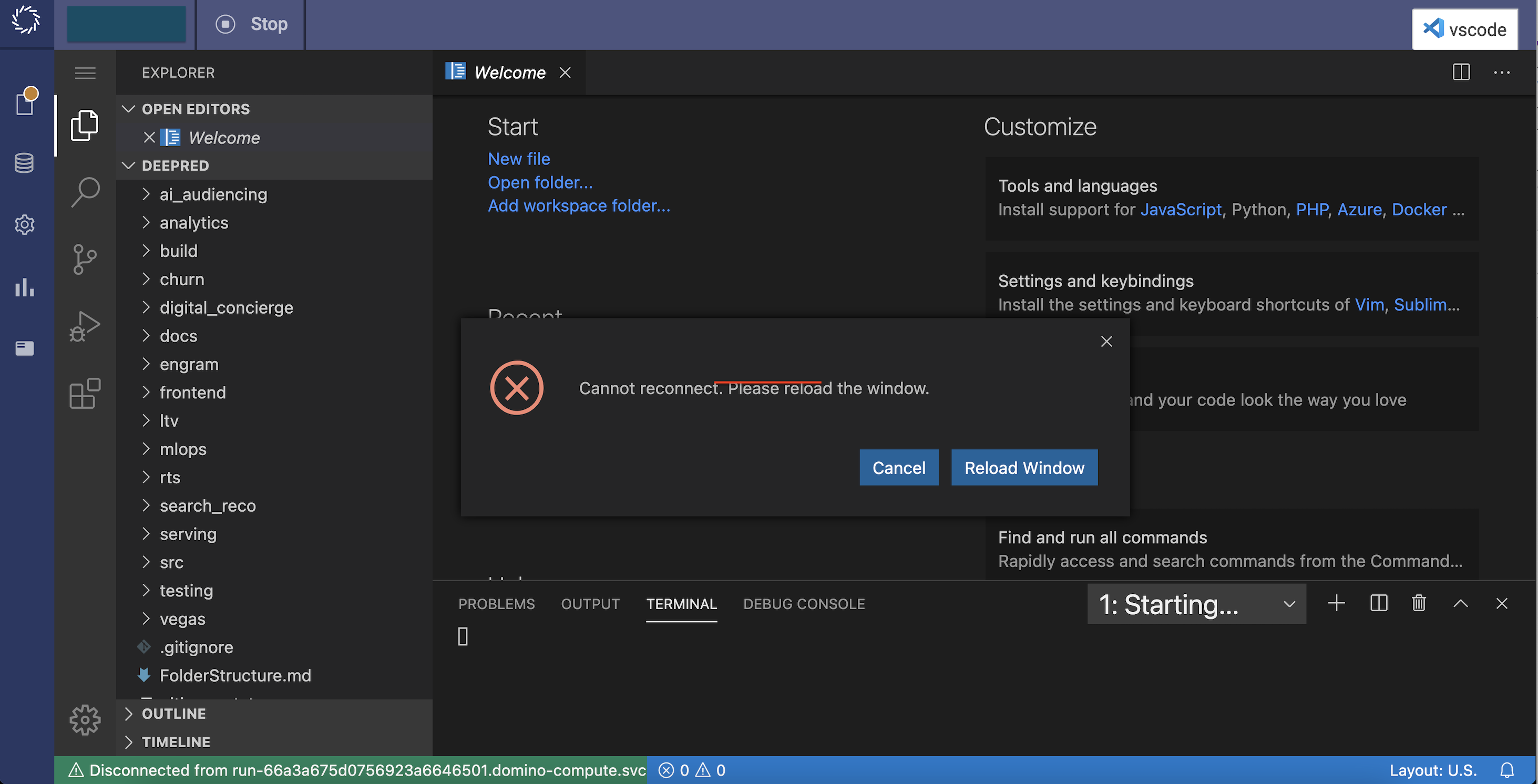 VScode terminal will not initialize with error "Cannot reconnect ...